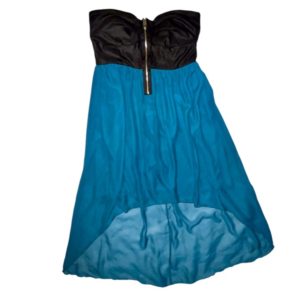 Y2k Deb Strapless Zipper Front High Low Dress Black And Blue Size Small